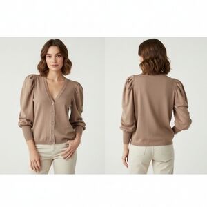 T‎ Tahari Taupe V-Neck Button-Up Blouse